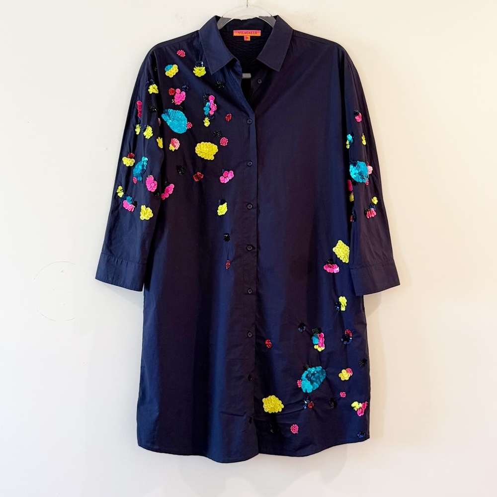Vilagallo Navy Blue Embroidered Sequin Novelty Cotton Shirt Dress - Picture 10 of 10